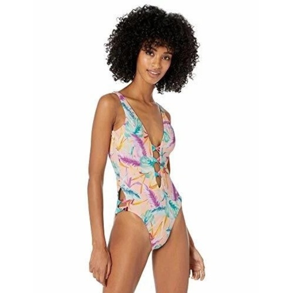 Bar III Womens NEW Pastel Tropical Print Lace Up One Piece Swimsuit SMALL Beach